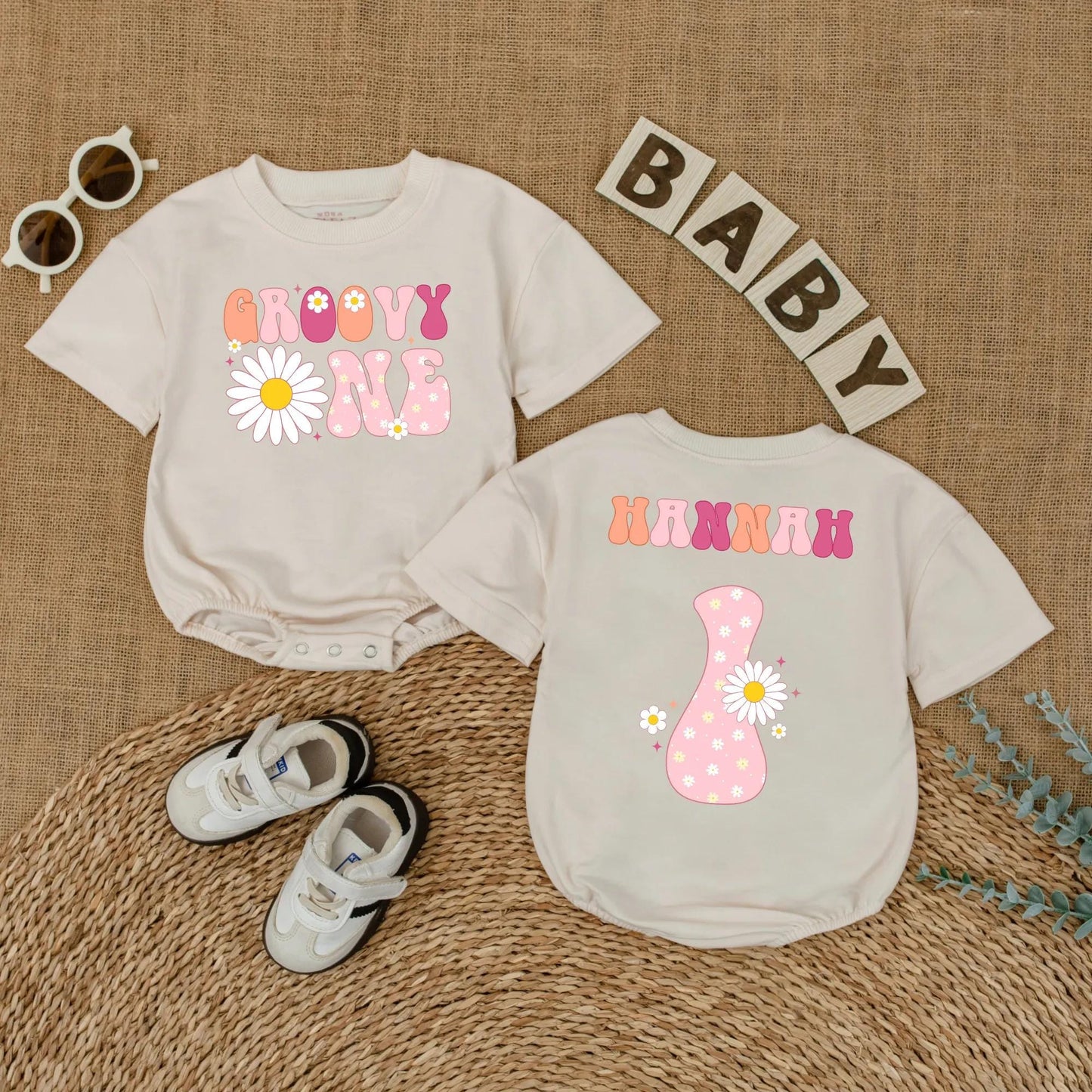 Groovy One Birthday Baby Romper, Boho Daisy First Birthday Outfit for Girl, Retro 70s Style, Pink Orange Purple, One Year Old Gift