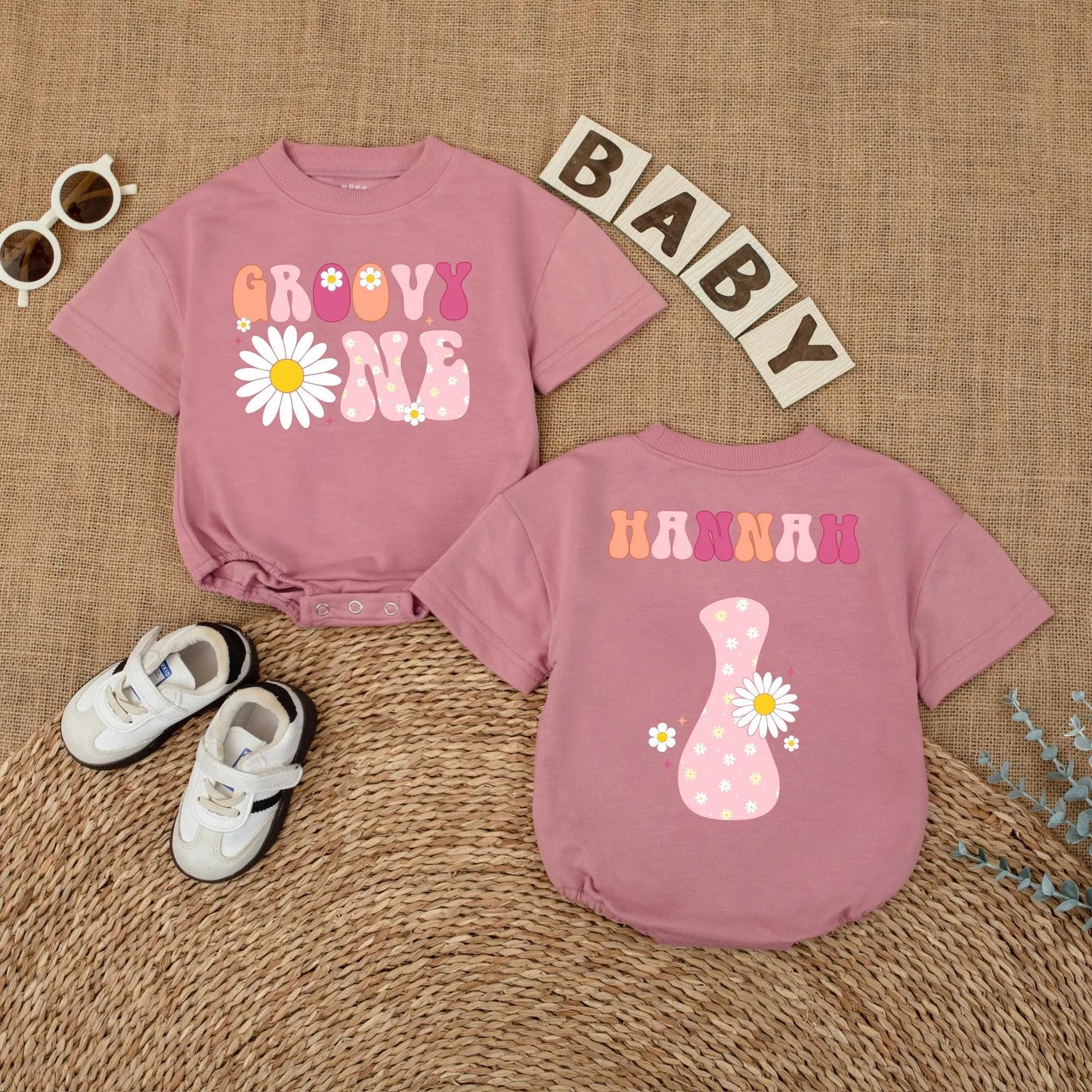 Groovy One Birthday Baby Romper, Boho Daisy First Birthday Outfit for Girl, Retro 70s Style, Pink Orange Purple, One Year Old Gift