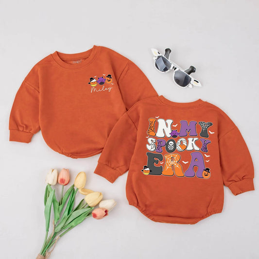 Personalized In My Spooky Era Bubble Romper Cute First Halloween Baby Outfit Spooky Season Fall Bodysuit Retro Whimsical Ghost Pumpkin Bat Gift
