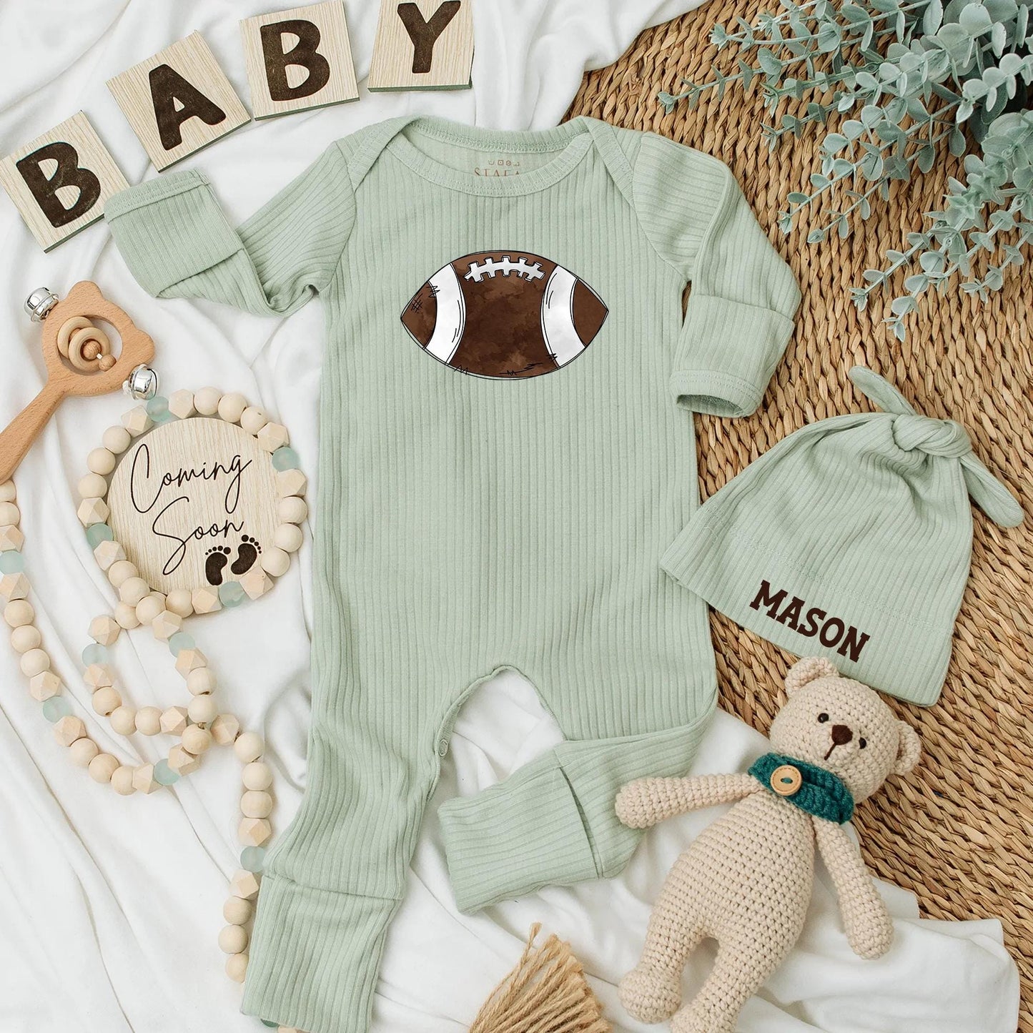 Personalized Football Baby Bodysuit Newborn Game Day Outfit, cute brown football design with white stripes, My First Football Season Baby Shower Gift