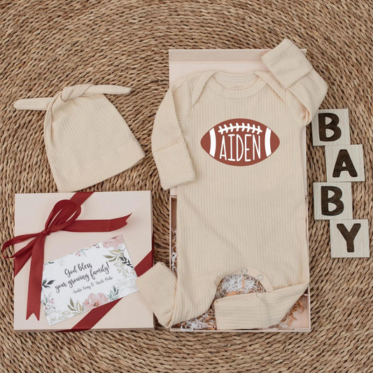 Personalized Football Romper for Aiden, Baby Boy's Game Day Outfit, Custom Newborn Clothes, Adorable Football Gift Set, Soft Cotton Bodysuit 138