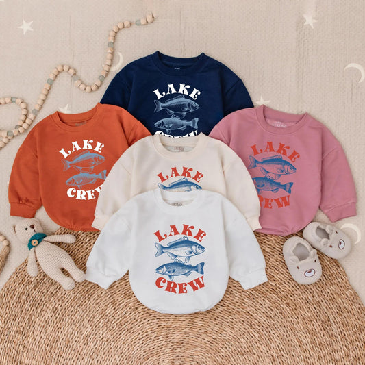Playful Lake Crew Baby Bubble Romper Two Blue Fish Design Summer Family Lake Vacation Outfit Vintage Style Fishing Trip Adventure Apparel