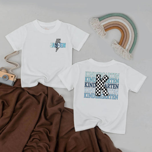 Personalized Boys Kindergarten Shirt Custom Name Back to School T-Shirt Blue Lightning Bolt Checkerboard K Stacked Kindergarten Design