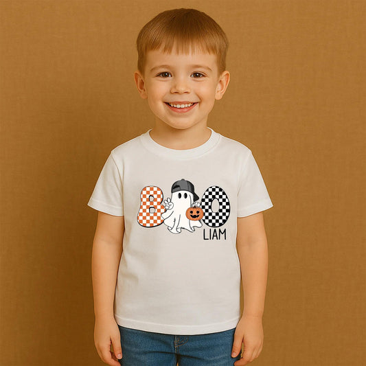 Cute Boo Halloween Shirt for Boys Liam Orange White Checkerboard Ghost Pumpkin Backwards Cap Toddler Shirt Fun Cartoon Style