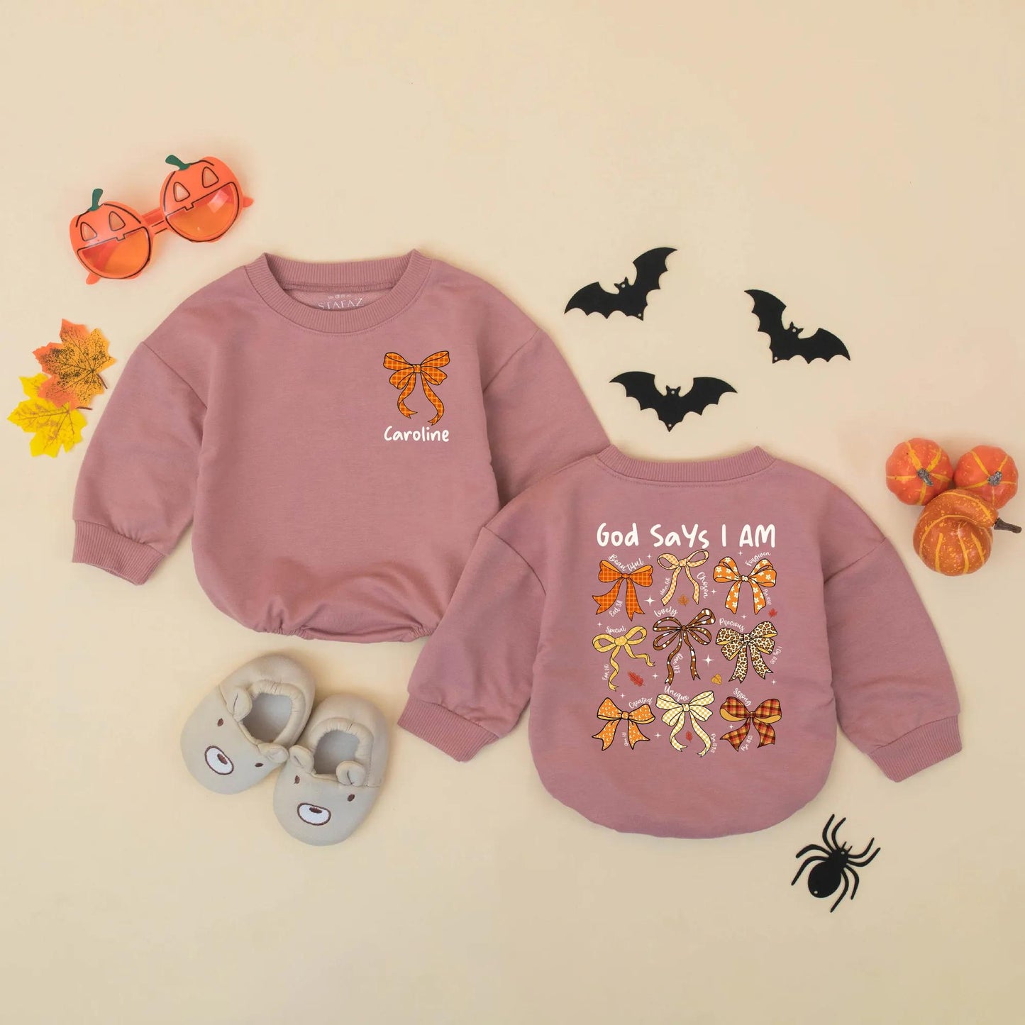 God Says I Am Fall Baby Romper: Beautiful, Loved, Unique. Rustic Thanksgiving Bows Bodysuit for Baby Girl, Autumn Religious Christian Gift, 138 chars