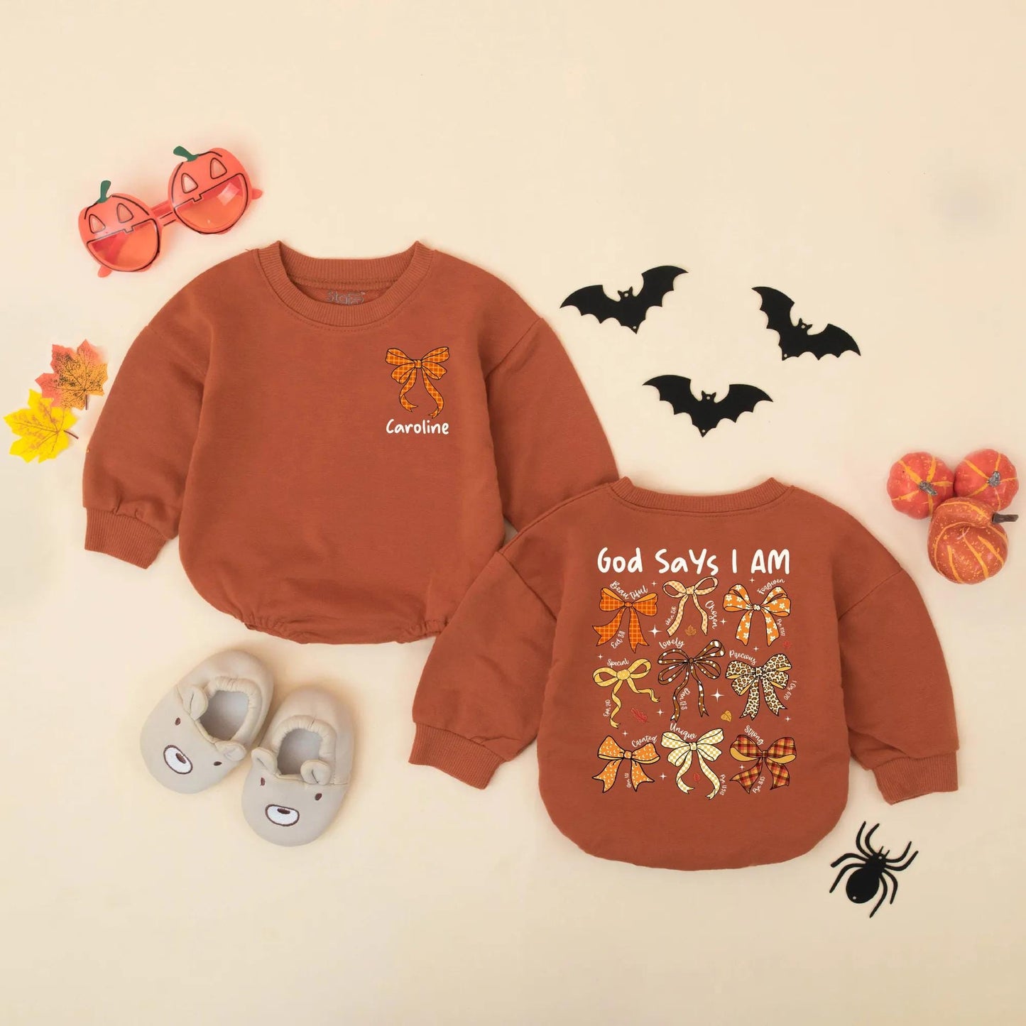 God Says I Am Fall Baby Romper: Beautiful, Loved, Unique. Rustic Thanksgiving Bows Bodysuit for Baby Girl, Autumn Religious Christian Gift, 138 chars
