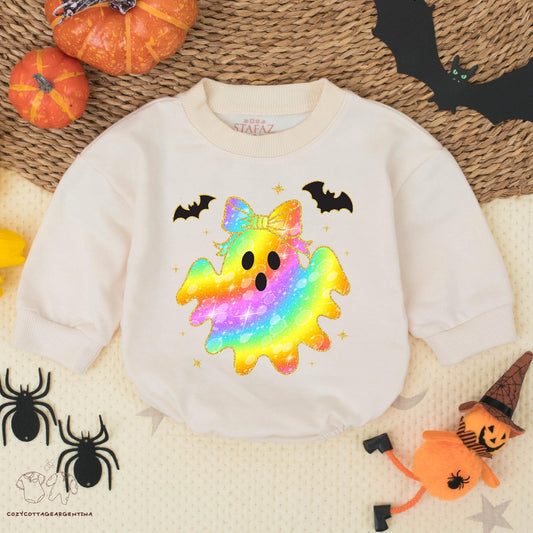 Rainbow Ghost Baby Romper: Glitter Bow Halloween Bodysuit for Baby Girl, Cute First Halloween Outfit, Spooky Season Costume, Fun Fall Romper 138