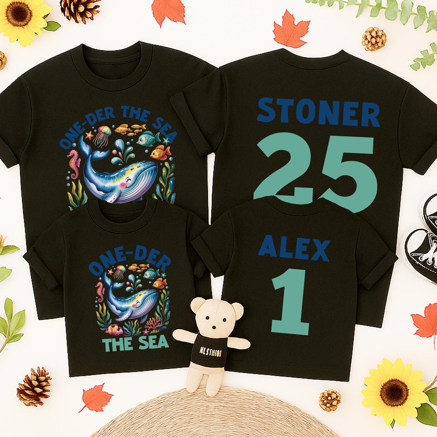 Personalized One-Der the Sea Boy First Birthday Shirt with Cartoon Whale & Colorful Ocean Animals Design Soft Cotton Baby Outfit Playful