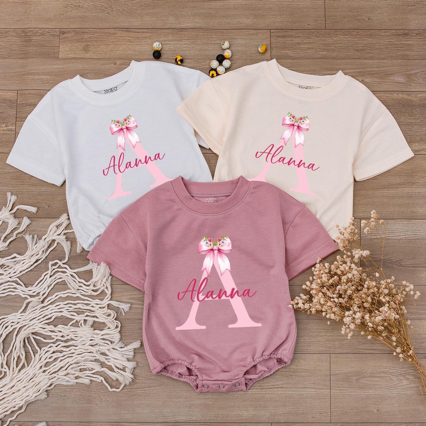 Personalized Baby Girl Pink Initial A Alanna Name Outfit Romper Bodysuit Cute Bow Flowers Newborn Gift Baby Shower Long Short Sleeve