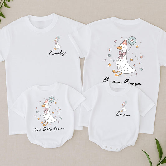 Matching Family Silly Goose Birthday Shirts with Cute Cartoon Goose Balloon Hat Design for Kids Adult Personalized Comfortable Tee