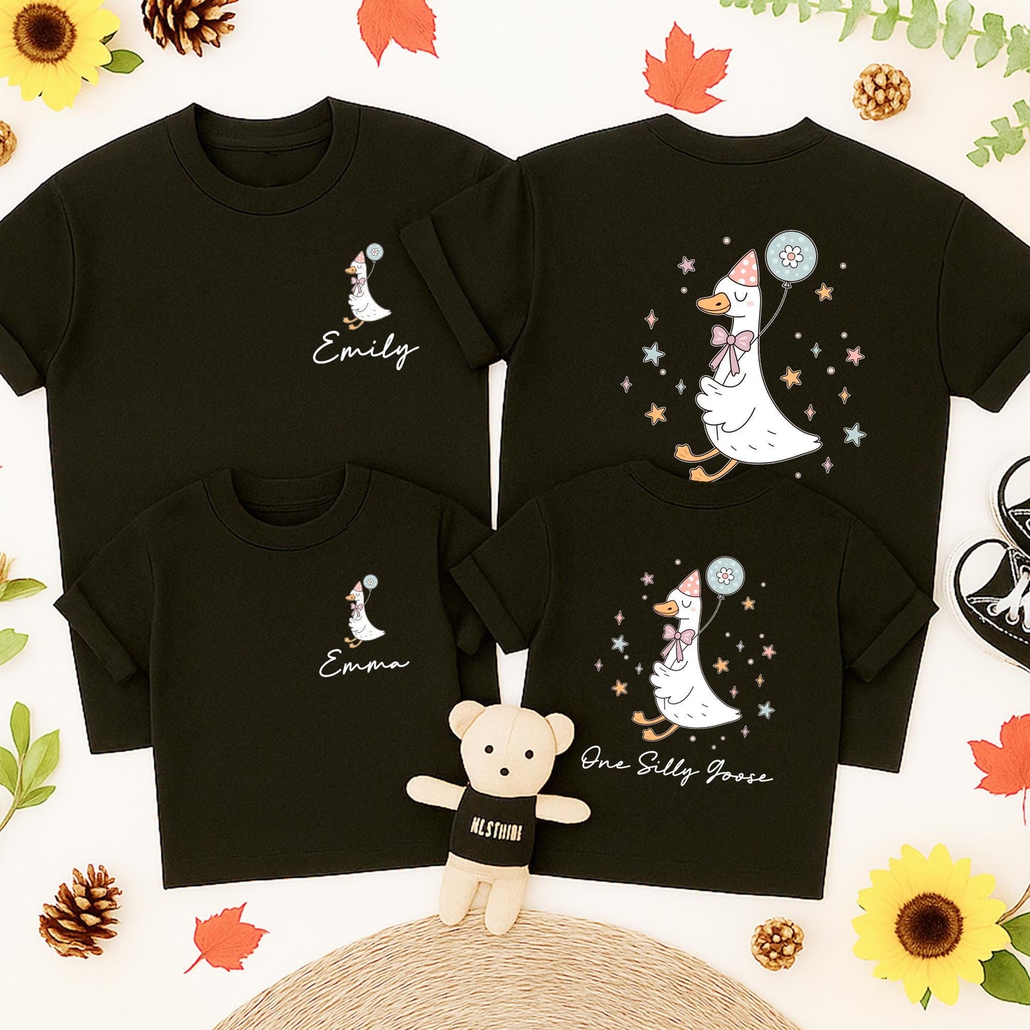 Matching Family Silly Goose Birthday Shirts with Cute Cartoon Goose Balloon Hat Design for Kids Adult Personalized Comfortable Tee