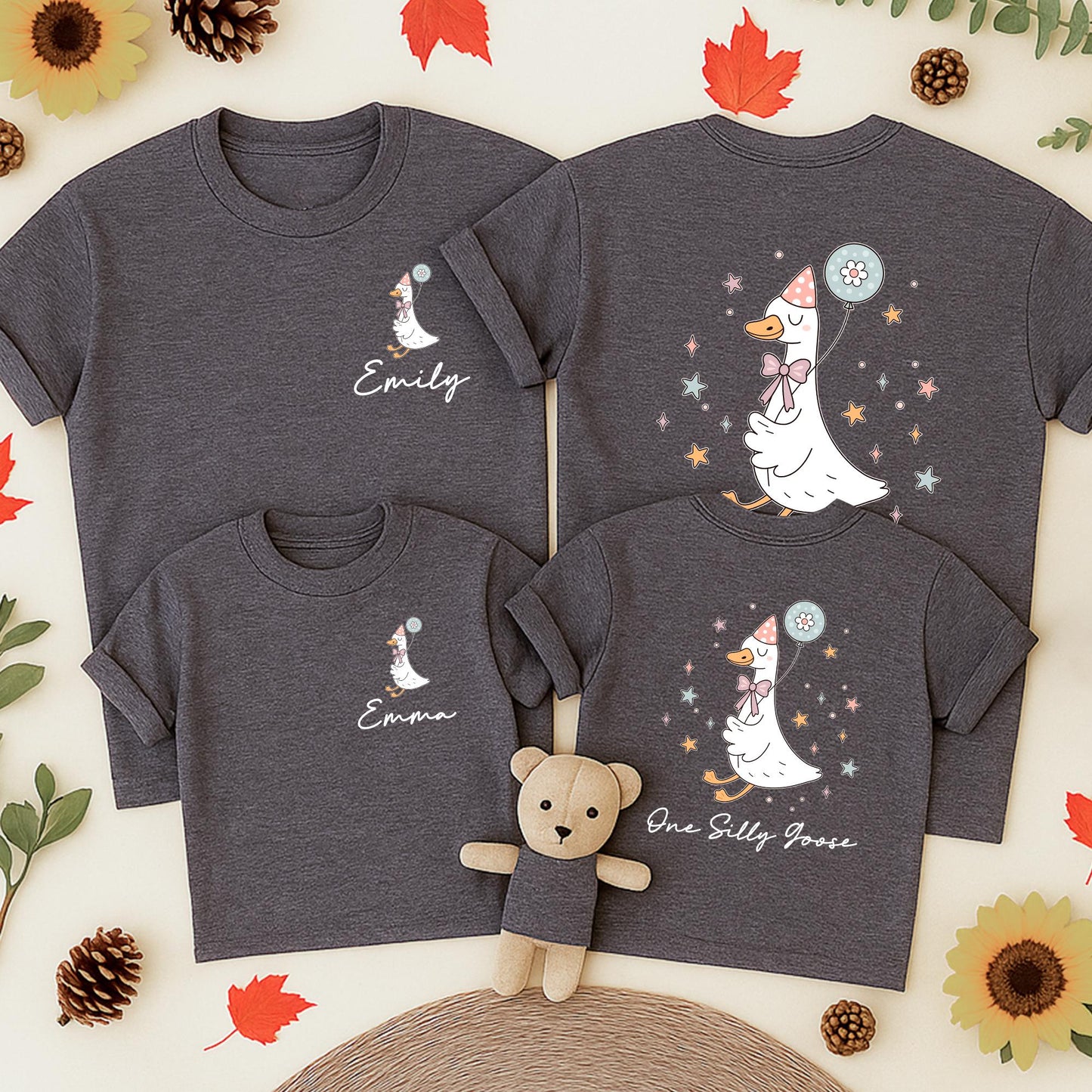 Matching Family Silly Goose Birthday Shirts with Cute Cartoon Goose Balloon Hat Design for Kids Adult Personalized Comfortable Tee