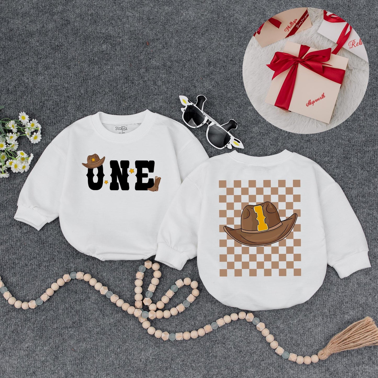My First Rodeo Cowboy Romper Outfit for Baby Boy Cute Western Birthday Celebration Brown Hat Boot Stars Yellow 1