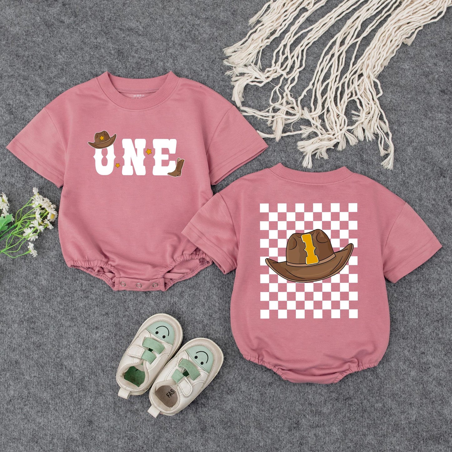 My First Rodeo Cowboy Romper Outfit for Baby Boy Cute Western Birthday Celebration Brown Hat Boot Stars Yellow 1