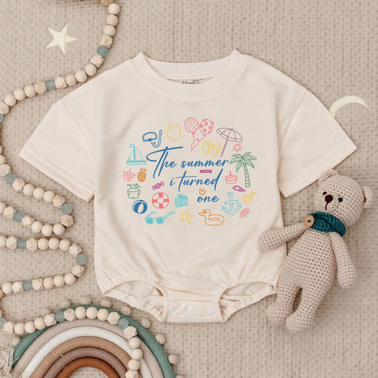 First Birthday Summer Baby Romper Beach Themed One Year Old Girl Outfit with Cute Colorful Palm Tree Sailboat Starfish Design Celebration Gift