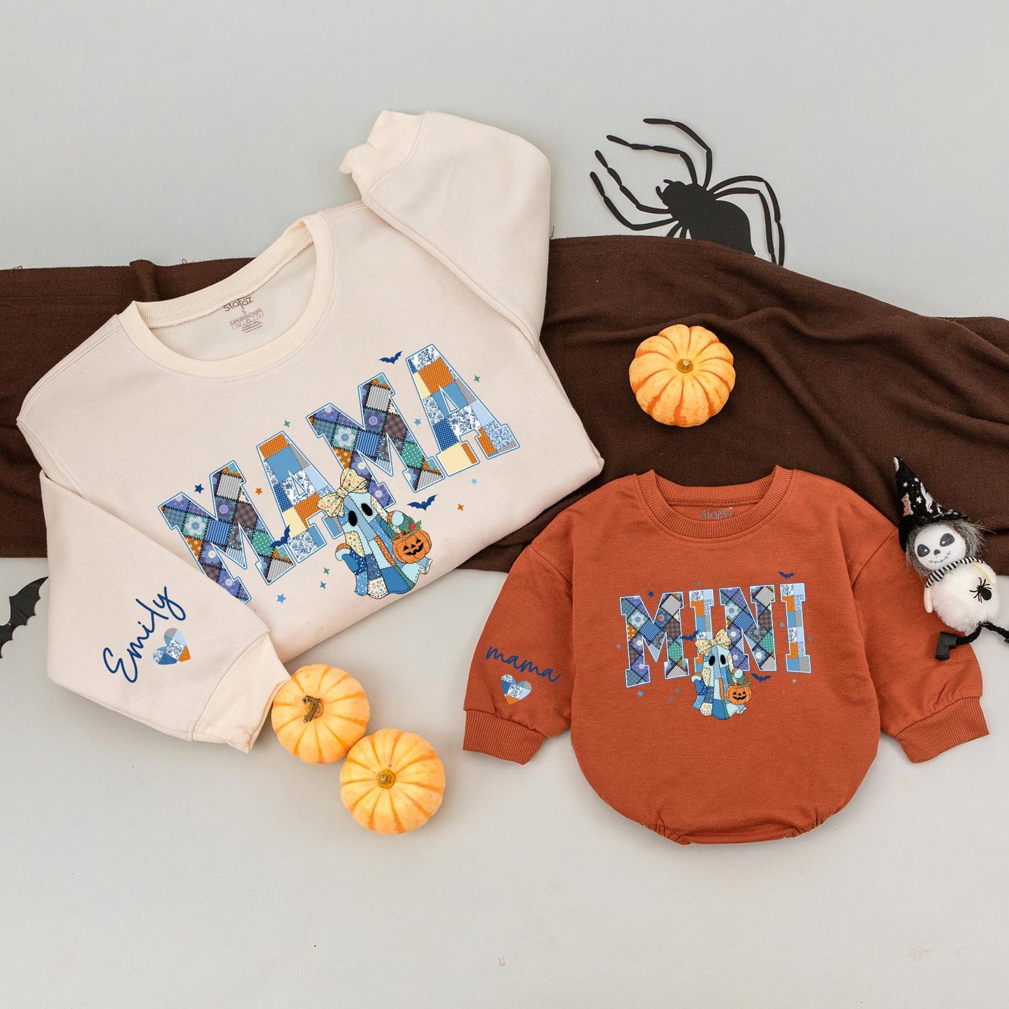 Custom Mama Mini Halloween Sweatshirts Patchwork Ghost Design, Retro Spooky Season Matching Mommy and Me Outfits, Personalized Family Halloween Gift Idea