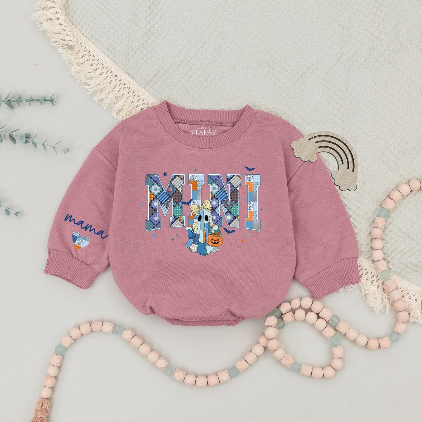 Custom Mama Mini Halloween Sweatshirts Patchwork Ghost Design, Retro Spooky Season Matching Mommy and Me Outfits, Personalized Family Halloween Gift Idea