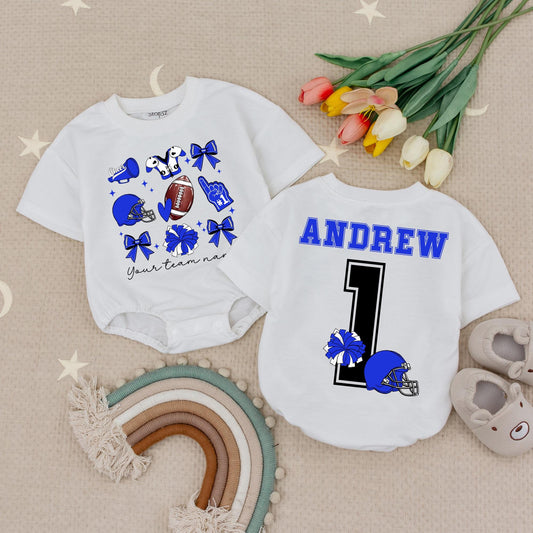Custom Team Cheer Romper: "Andrew #1" Football Bow Babysuit, Blue Helmets & Megaphones, Personalized School Spirit Outfit, Cute Girls Game Day Clothes