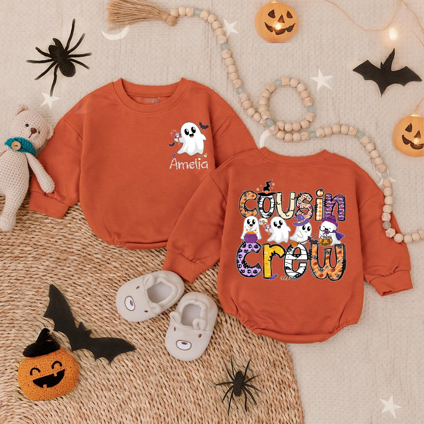 Amelia's Ghost Cousin Crew Halloween Outfit Personalized Baby Toddler Romper Spooky Family Matching Boo Crew Shirt