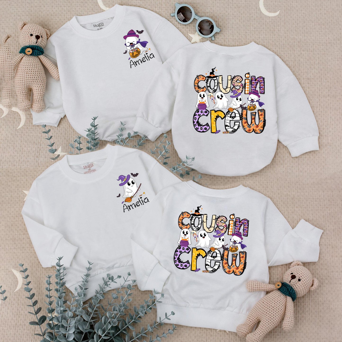 Amelia's Ghost Cousin Crew Halloween Outfit Personalized Baby Toddler Romper Spooky Family Matching Boo Crew Shirt