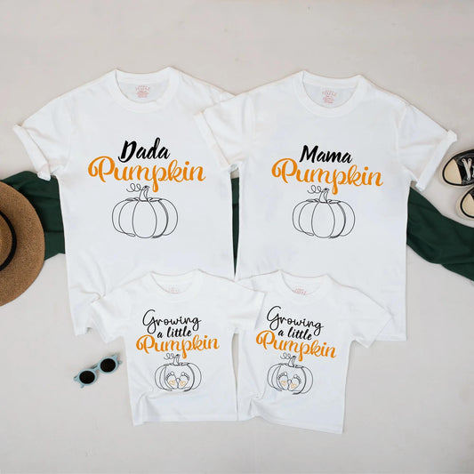 Family Matching Pumpkin Shirts Fall Halloween Pregnancy Reveal Cute Mama Dada Growing a Little Pumpkin Baby Announcement Outfits