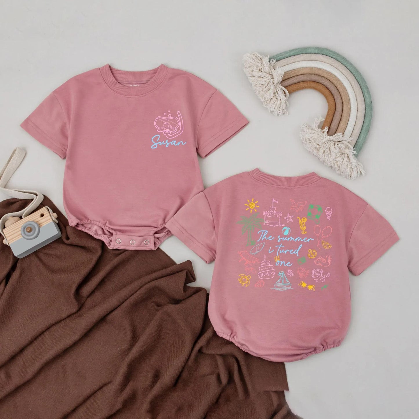 Personalized Baby First Birthday Summer Romper Snorkel Mask Beach Outfit The Summer I Turned One Whimsical Pastel Doodles Girl Boy Celebration