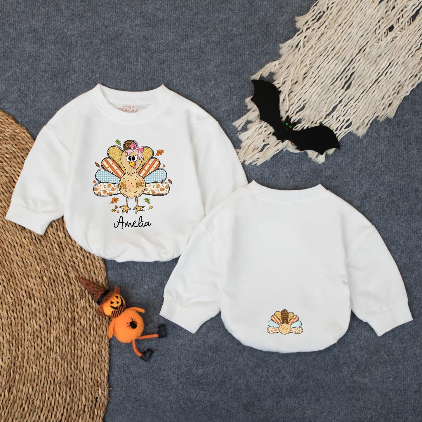 Whimsical Cartoon Turkey Baby Bubble Romper Custom First Thanksgiving Outfit Infant Fall Bodysuit Baby Girl Boy Autumn Clothes