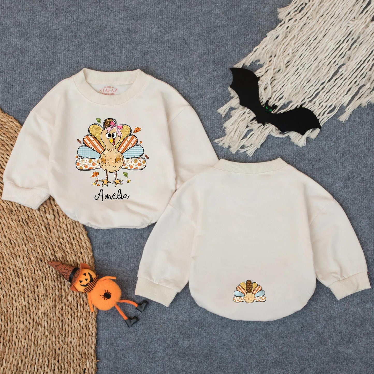 Whimsical Cartoon Turkey Baby Bubble Romper Custom First Thanksgiving Outfit Infant Fall Bodysuit Baby Girl Boy Autumn Clothes
