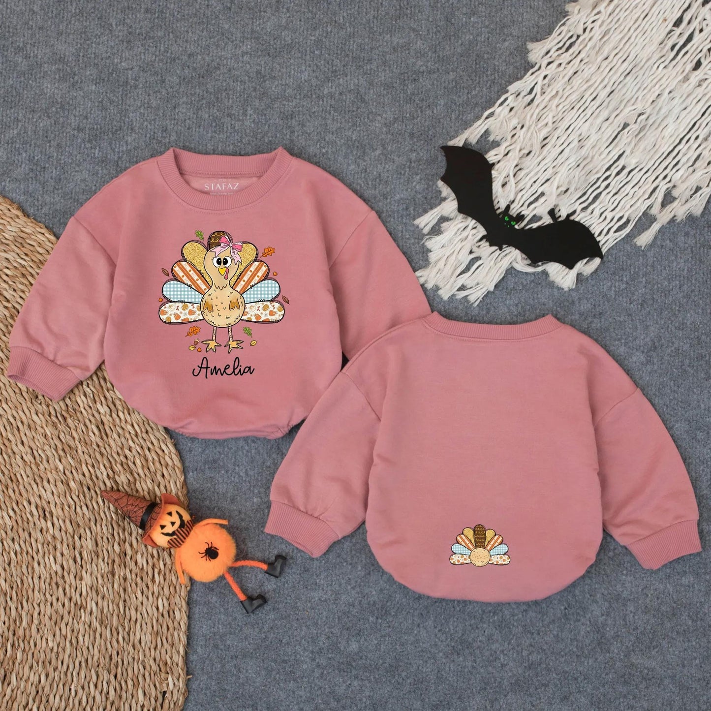 Whimsical Cartoon Turkey Baby Bubble Romper Custom First Thanksgiving Outfit Infant Fall Bodysuit Baby Girl Boy Autumn Clothes