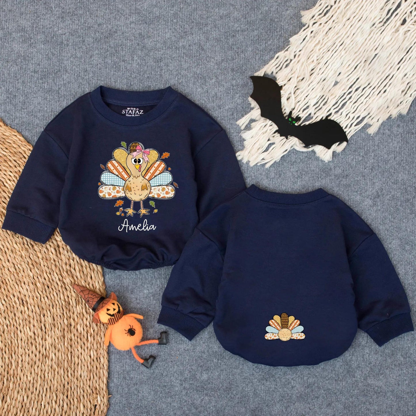 Whimsical Cartoon Turkey Baby Bubble Romper Custom First Thanksgiving Outfit Infant Fall Bodysuit Baby Girl Boy Autumn Clothes
