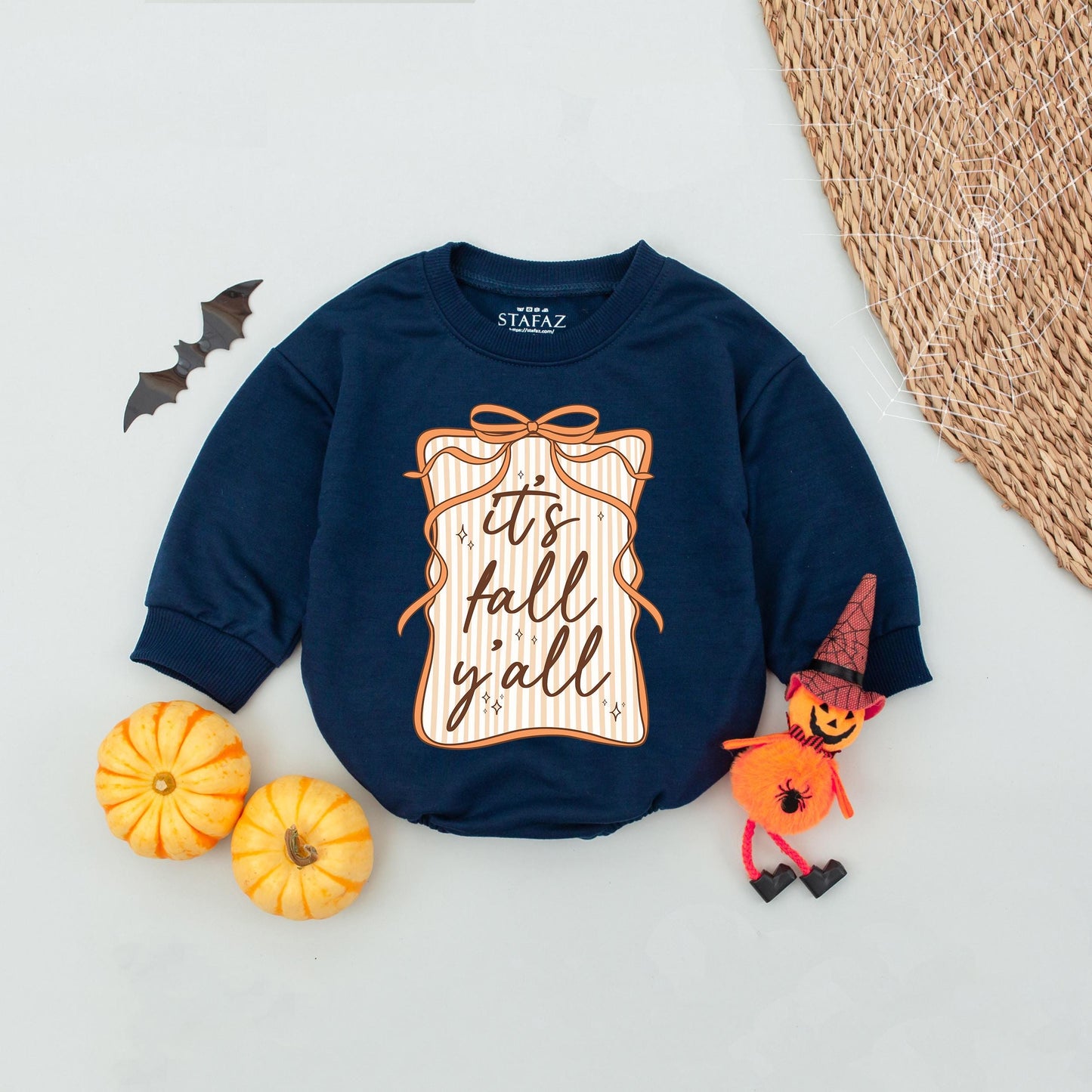 It's Fall Y'all Bubble Romper Preppy Retro Seersucker Bow Baby Girl Whimsical Frame Girly Autumn Thanksgiving Outfit
