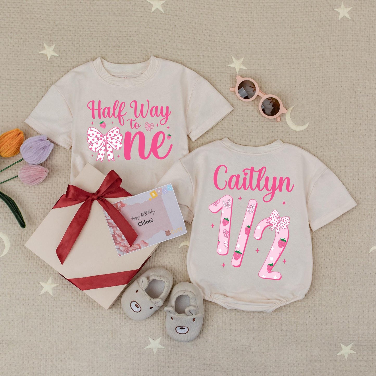 Half Way To One Personalized Romper, Pink Bow Birthday Outfit, 6 Month Old Girl Romper, Strawberry Celebration Outfit, Custom Name Romper (135 chars)