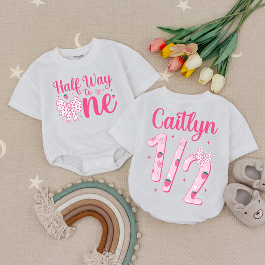 Half Way To One Personalized Romper, Pink Bow Birthday Outfit, 6 Month Old Girl Romper, Strawberry Celebration Outfit, Custom Name Romper (135 chars)