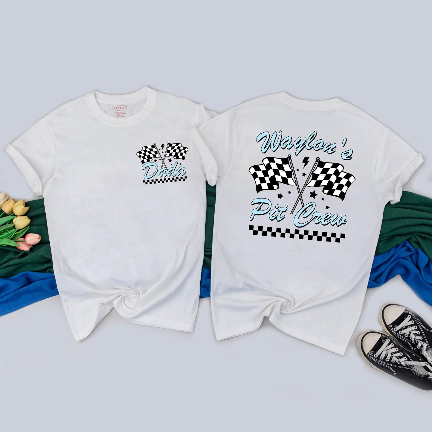 Custom "Waylon is Fast One" Racing Birthday Shirt Family Matching Pit Crew Outfits Light Blue Lightning Bolt Flags