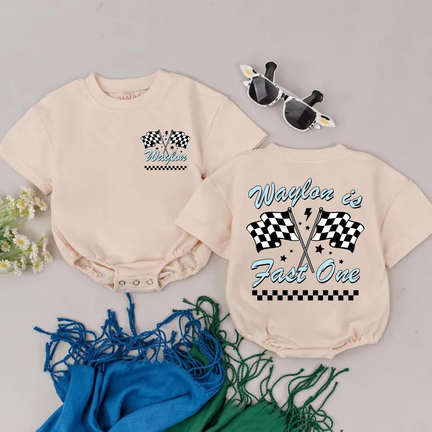 Custom "Waylon is Fast One" Racing Birthday Shirt Family Matching Pit Crew Outfits Light Blue Lightning Bolt Flags