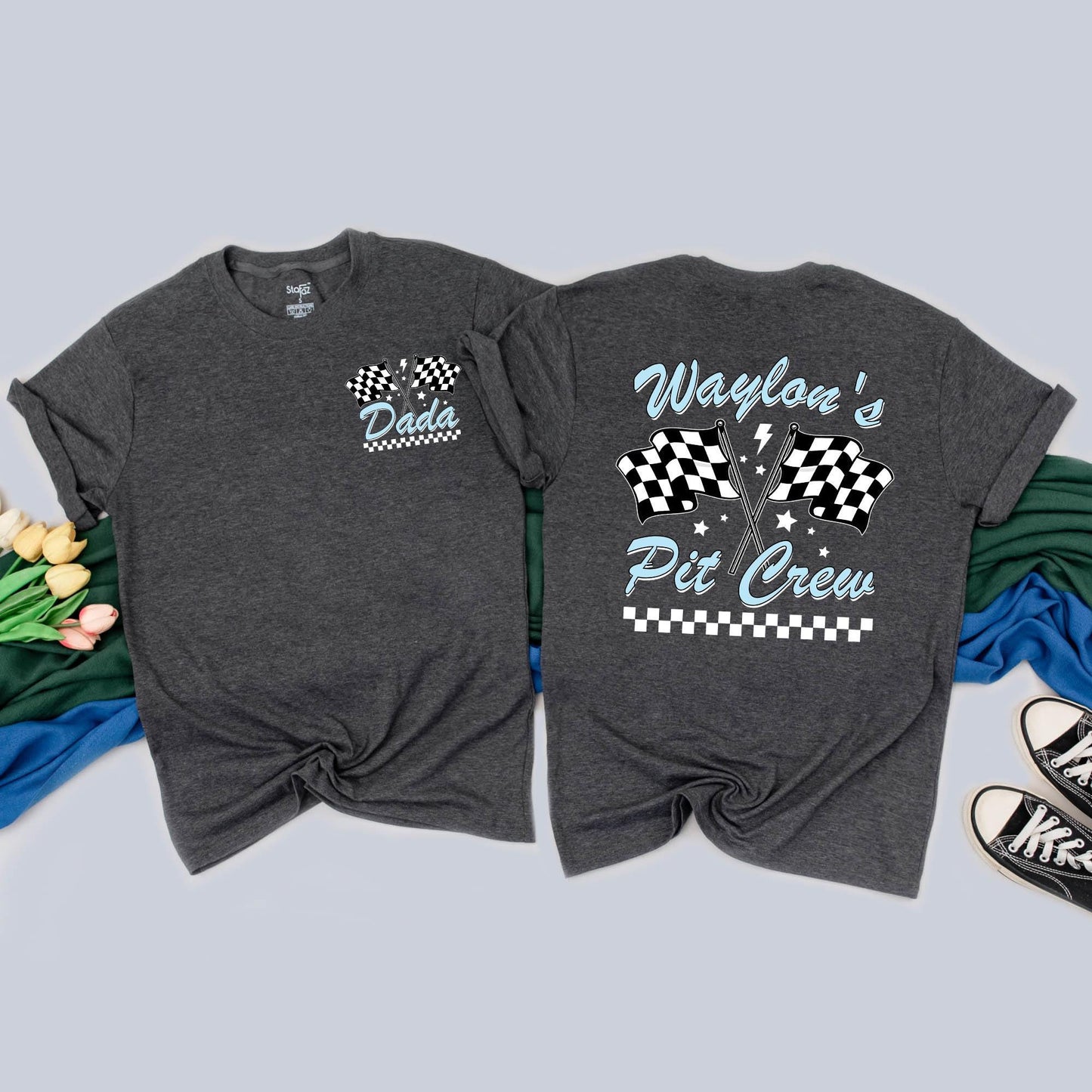 Custom "Waylon is Fast One" Racing Birthday Shirt Family Matching Pit Crew Outfits Light Blue Lightning Bolt Flags