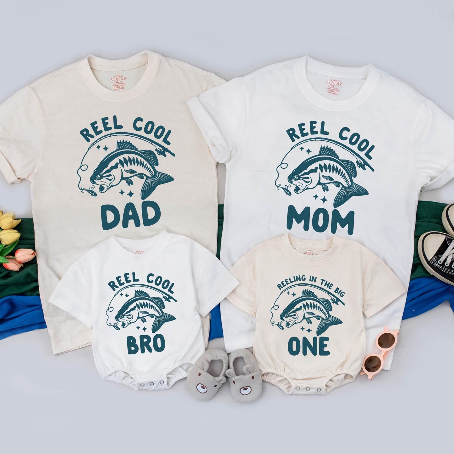 Reel Cool Fishing Birthday Family Shirts: Custom Dad, Mom & Baby First Birthday Outfit, Teal Fish Hook, Personalized Matching Gift, Reeling in the Big One