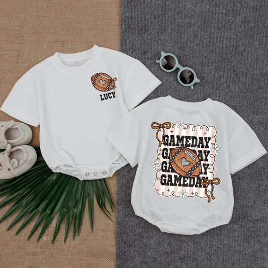 Cute Football Heart Romper for Baby Girl Gameday Outfit with Pink Stripes & Daisies