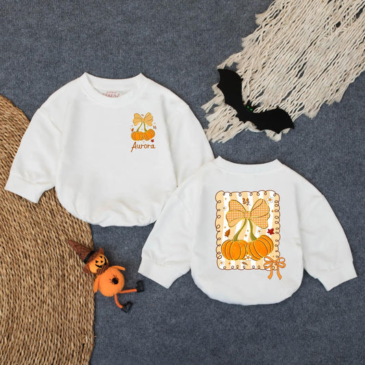 Sparkly Pumpkin Baby Bubble Romper with Bow Fall Leaves Custom Name Outfit Girl Infant Autumn Baby Shower Gift