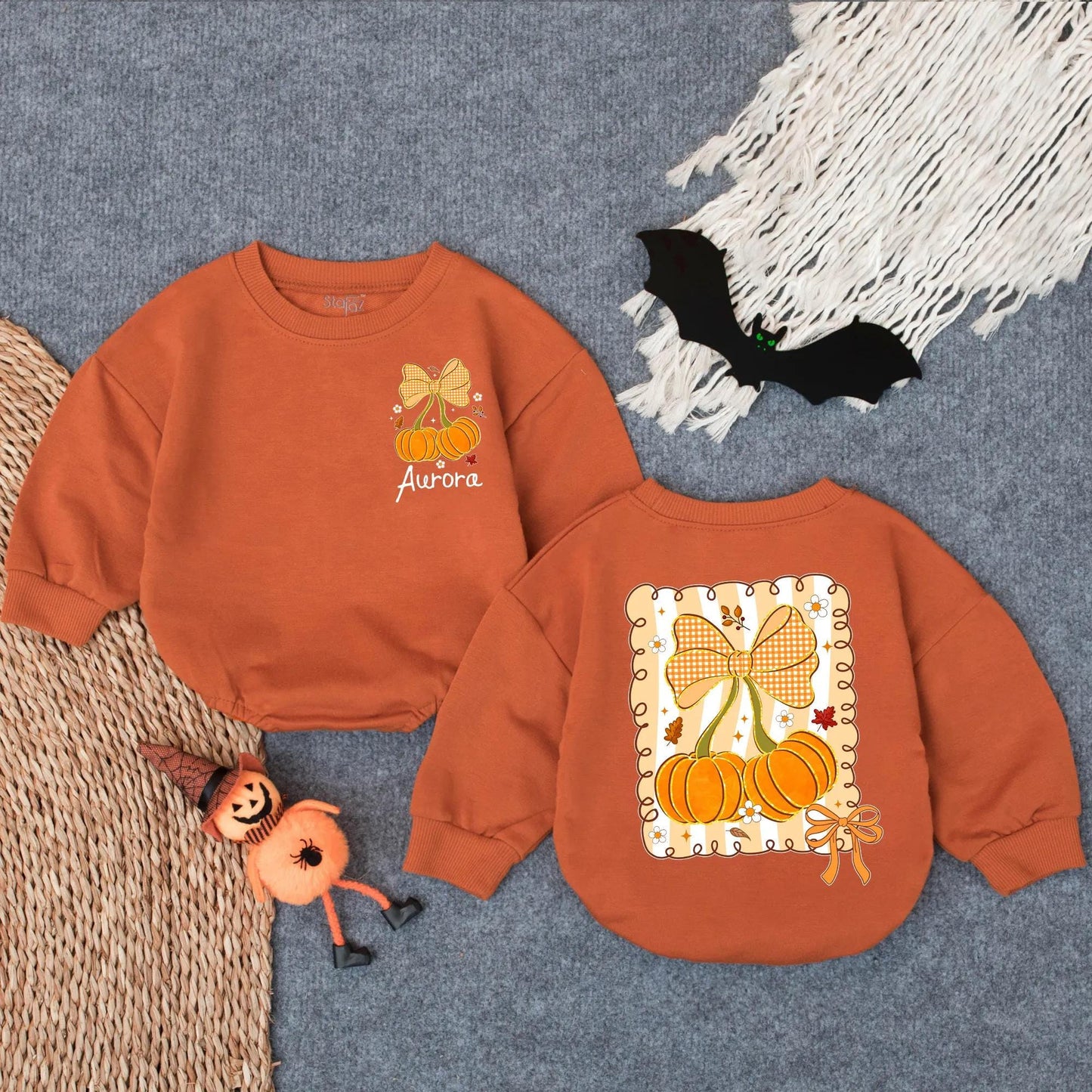 Sparkly Pumpkin Baby Bubble Romper with Bow Fall Leaves Custom Name Outfit Girl Infant Autumn Baby Shower Gift