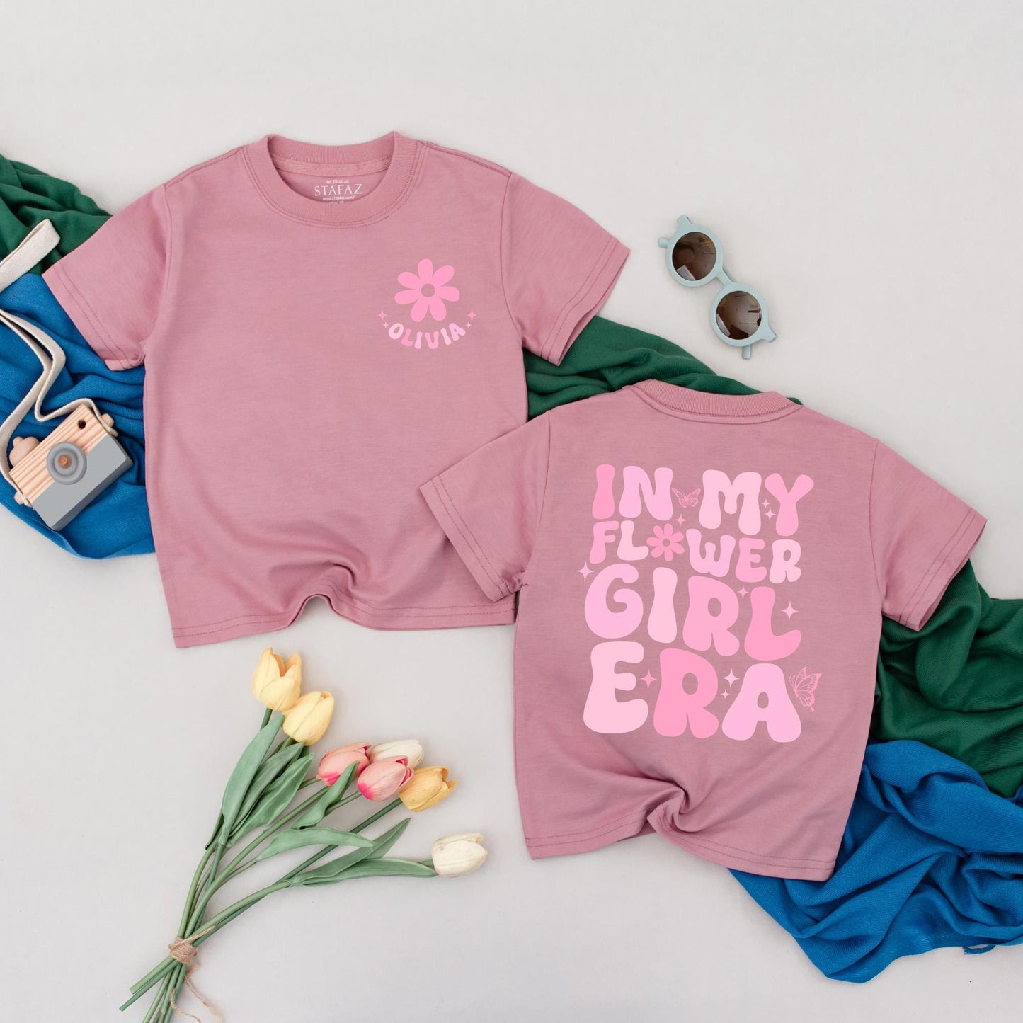 Personalized Pink In My Flower Girl Era T-Shirt Retro Groovy Flower Design Toddler Bridal Party Wedding Proposal Gift Junior Bridesmaid