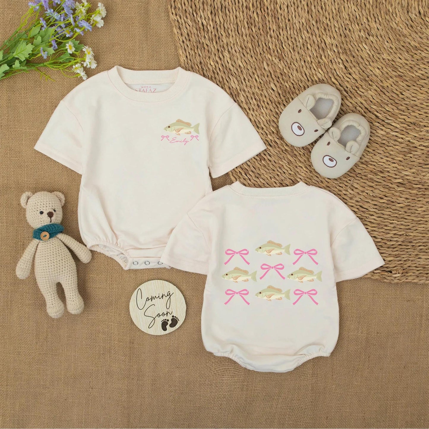 Fishing Bow Baby Girl Romper Custom Name Green Tan Brown Fish Pink Bow Catch of the Day Summer Outfit
