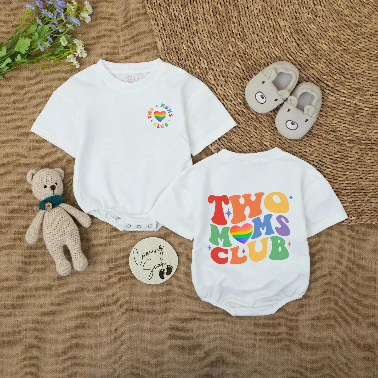 Two Moms Club Baby Romper Rainbow Heart Outfit LGBTQ Pride Bodysuit Groovy Font Design Colorful LGBT Baby Gift Soft Cotton Clothes Queer Family Outfit
