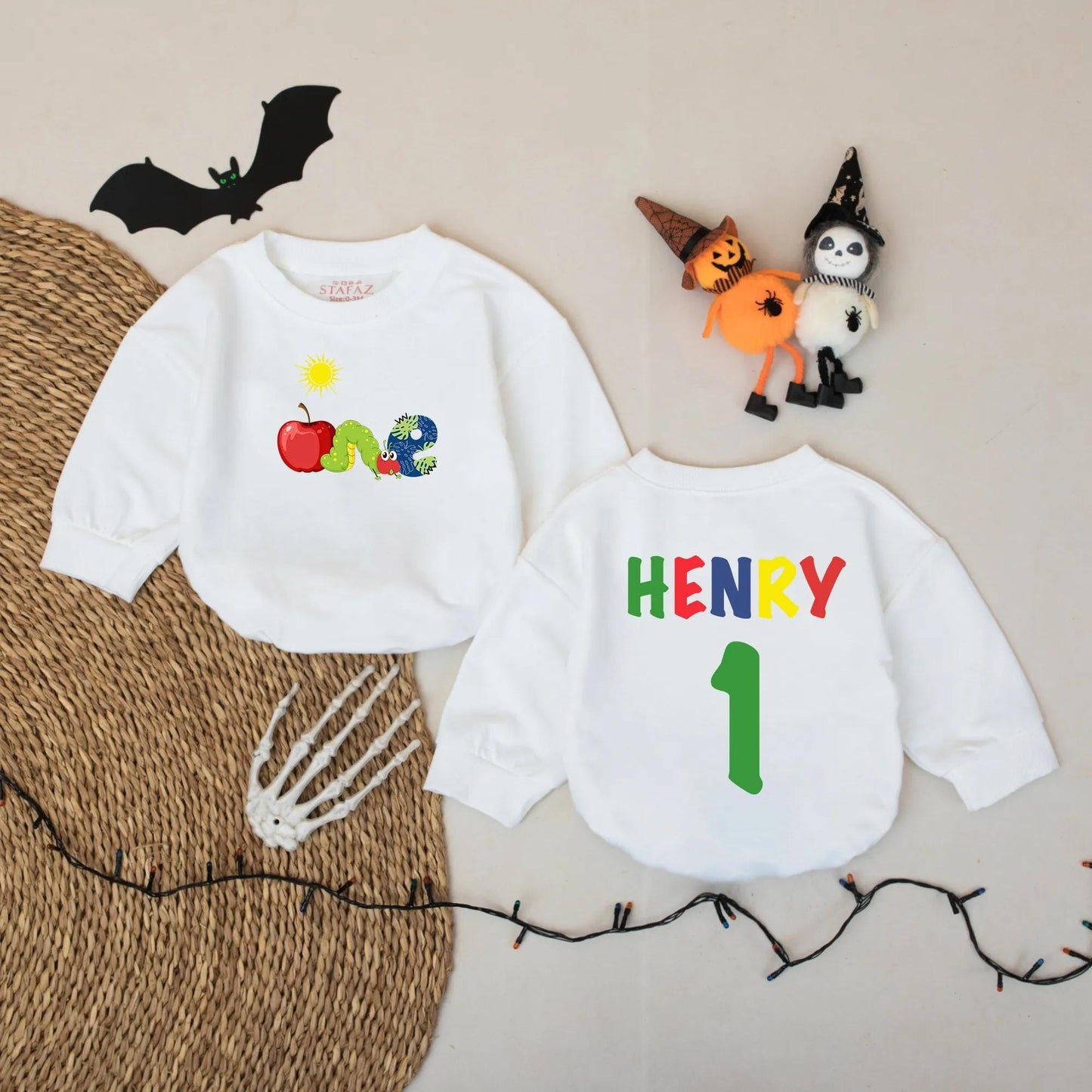 Personalized First Birthday Romper ONE Apple Caterpillar Outfit Custom Name Baby Boy Bodysuit Sun Graphic Playful Party Clothes Cute Toddler Gift