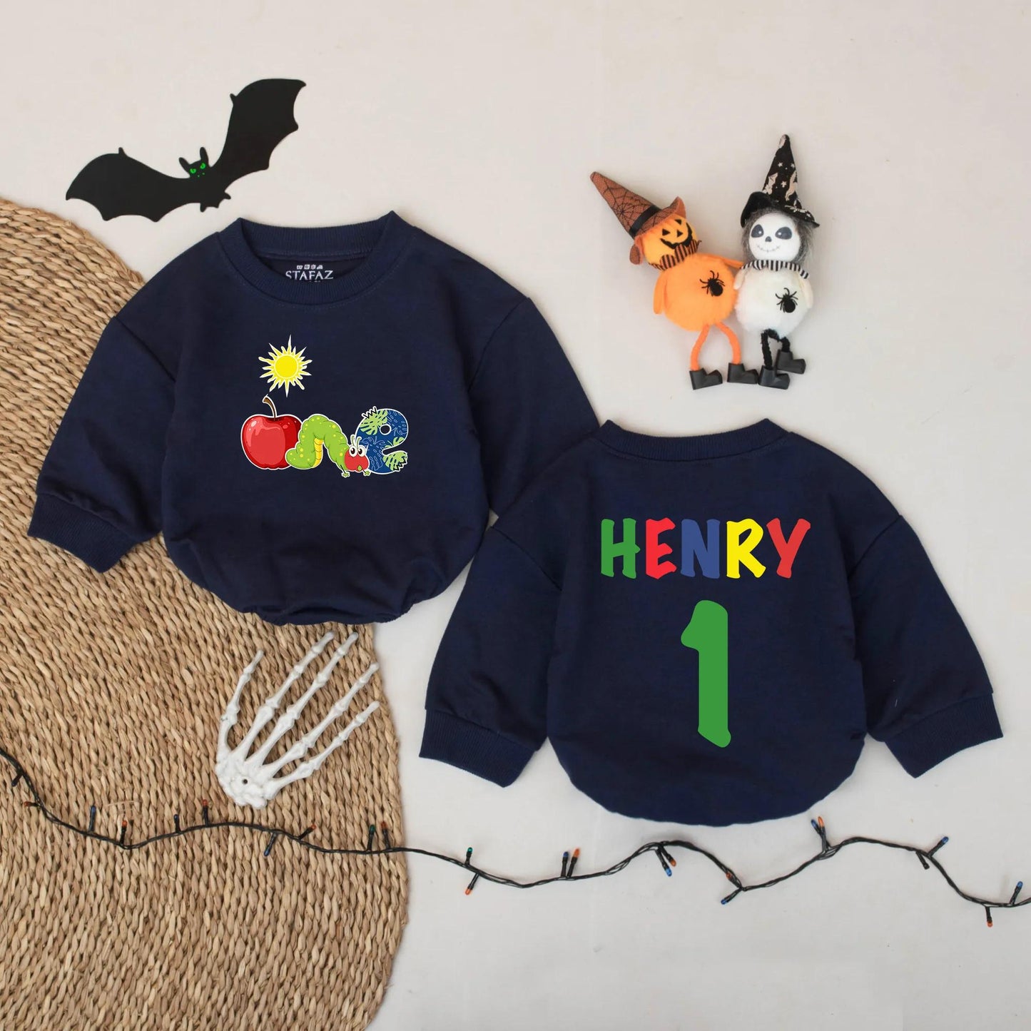 Personalized First Birthday Romper ONE Apple Caterpillar Outfit Custom Name Baby Boy Bodysuit Sun Graphic Playful Party Clothes Cute Toddler Gift