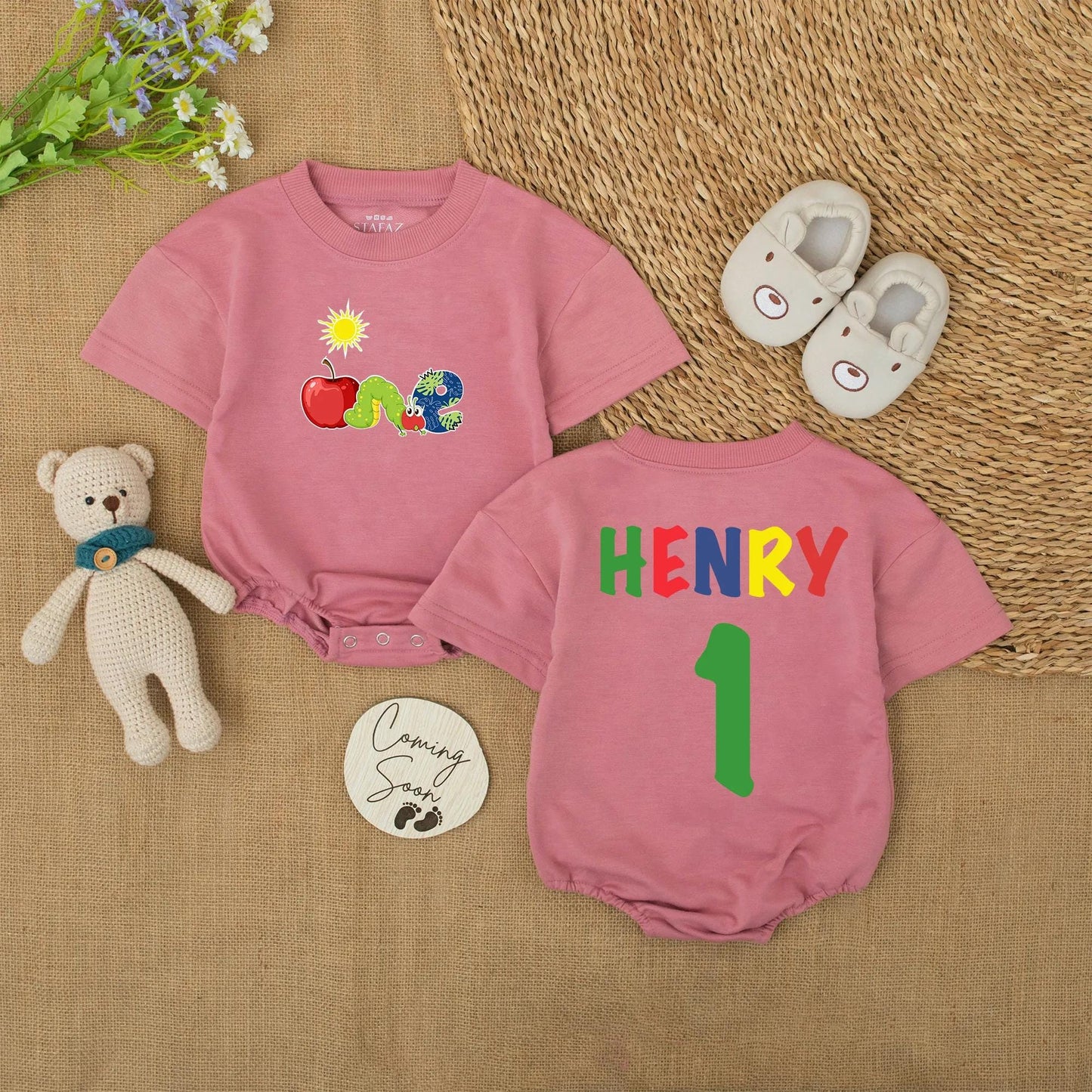 Personalized First Birthday Romper ONE Apple Caterpillar Outfit Custom Name Baby Boy Bodysuit Sun Graphic Playful Party Clothes Cute Toddler Gift