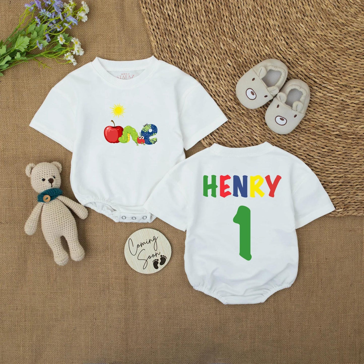 Personalized First Birthday Romper ONE Apple Caterpillar Outfit Custom Name Baby Boy Bodysuit Sun Graphic Playful Party Clothes Cute Toddler Gift