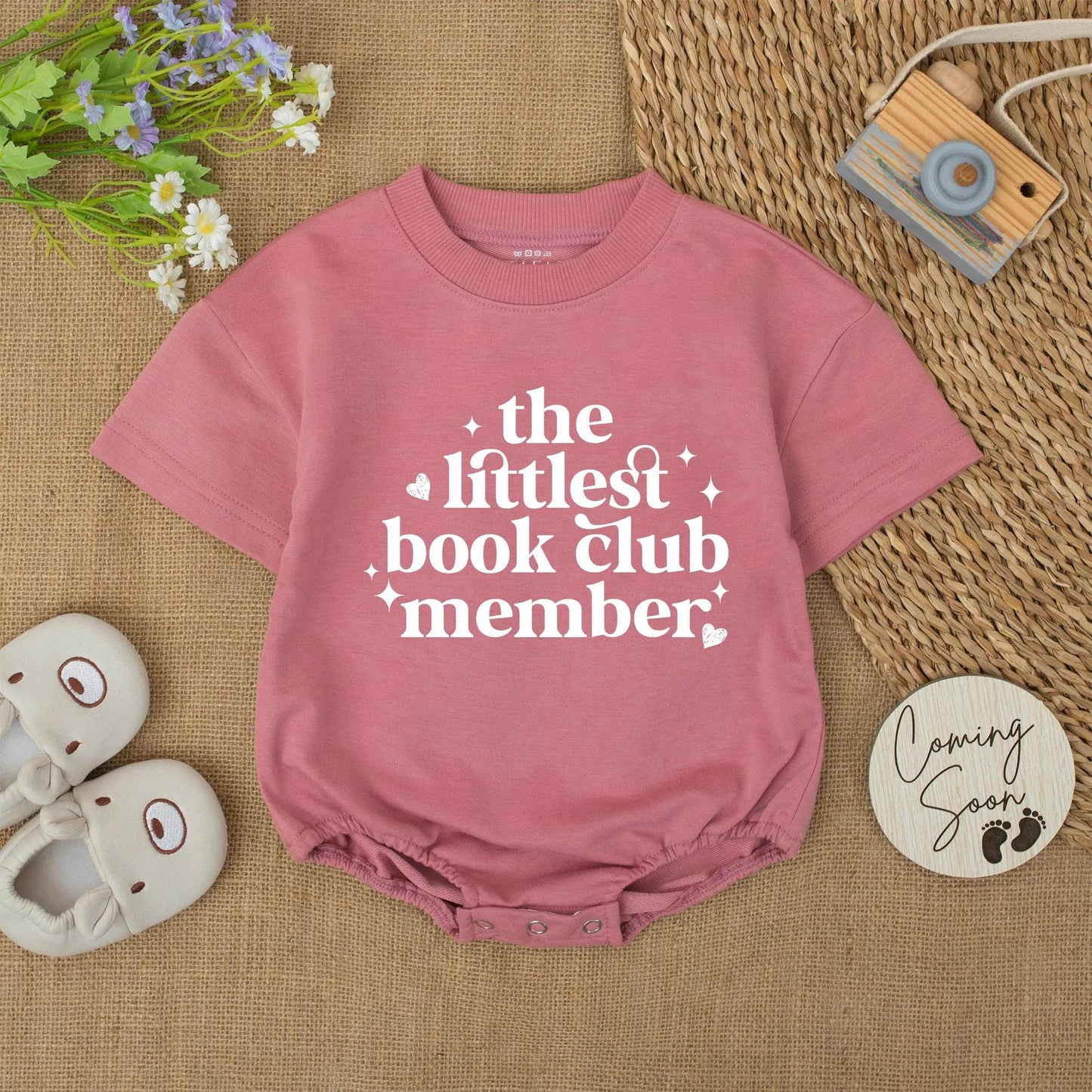 Littlest Book Club Member Baby Romper Outfit, Cute Reader Bodysuit, Burnt Orange Periwinkle Hearts & Stars, Newborn Gift, Book Lover, Soft Cotton (138 chars)