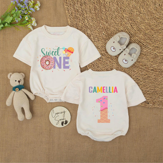 Sweet One Donut Ice Cream Romper for Baby Girl Personalized Camellia First Birthday Outfit