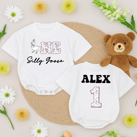 Personalized One Silly Goose Baby Romper First Birthday Outfit Pink Floral Whimsical Goose Bodysuit with Name Cute 1st Birthday Newborn Gift